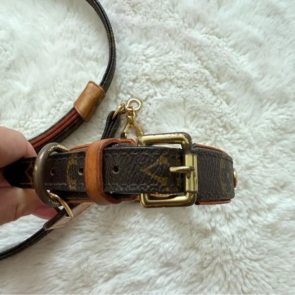 Louis Vuitton Dog Lead Monogram Brown Leather Pet Accessary Authentic